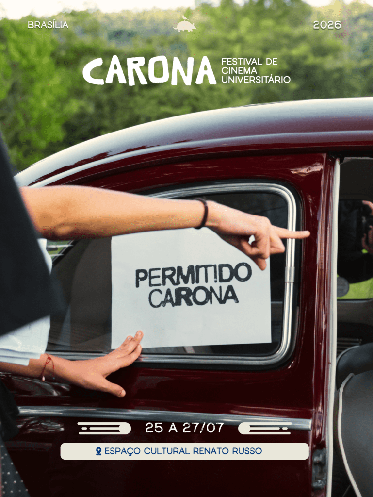 Poster com uma imagem chamativa para o festival com universitárias na temática da Carona e as datas e endereço do evento